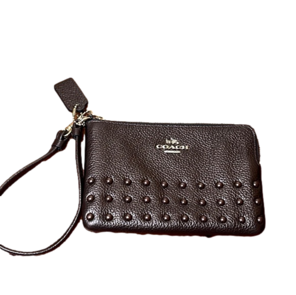 Coach Lacquer rivets pebble leather bronze wristlet